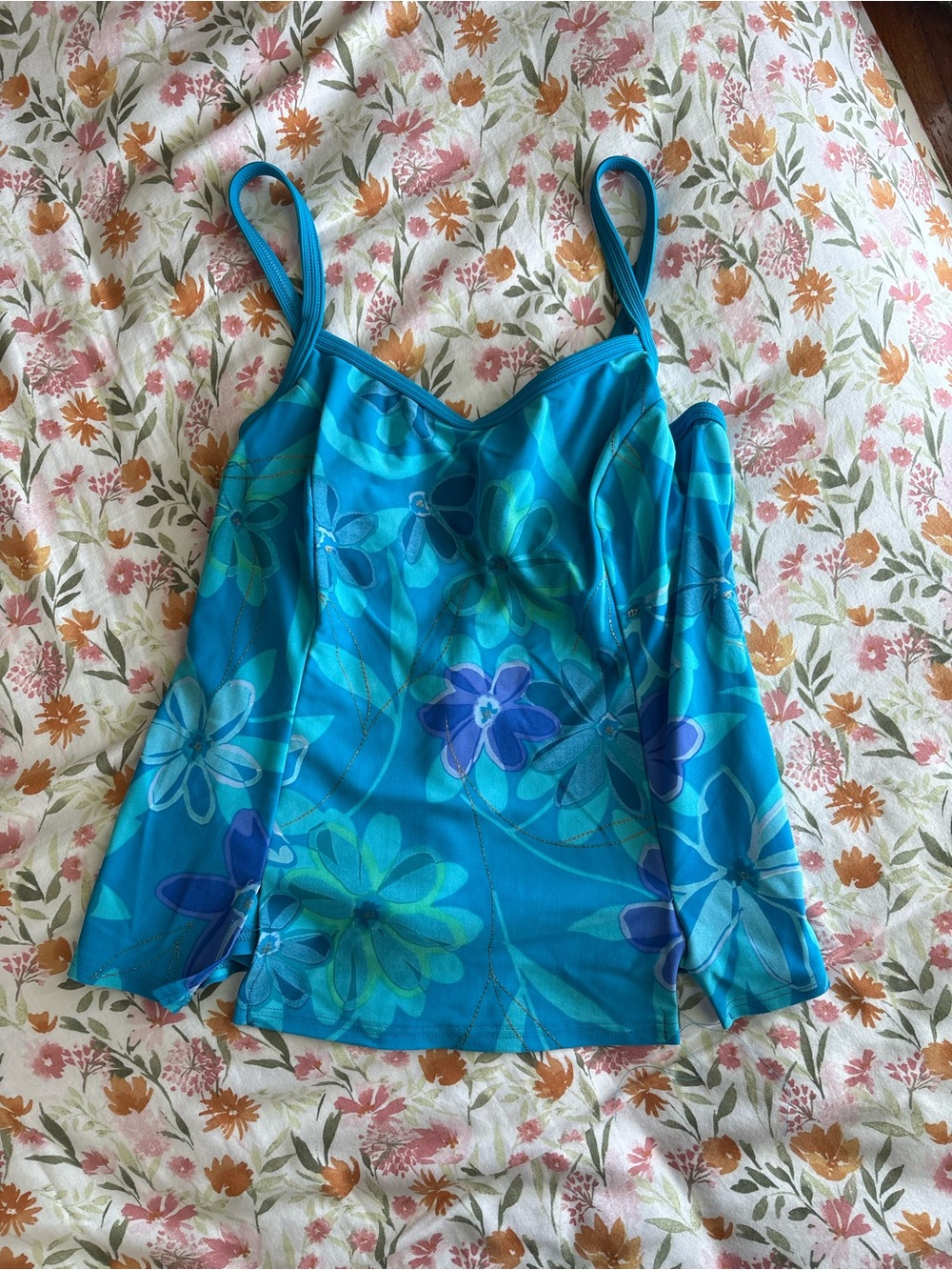 Christina Vintage Blue Tankini Top Size 12 Large Tropical Floral Vibrant Swim